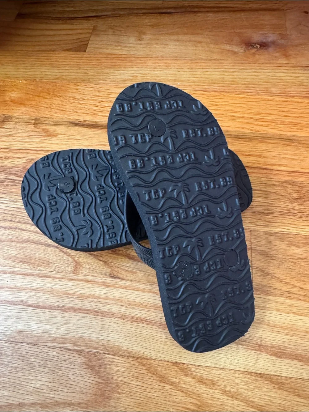 Kids Soccer-Print Black & White Flip Flops (Size L 12/13)